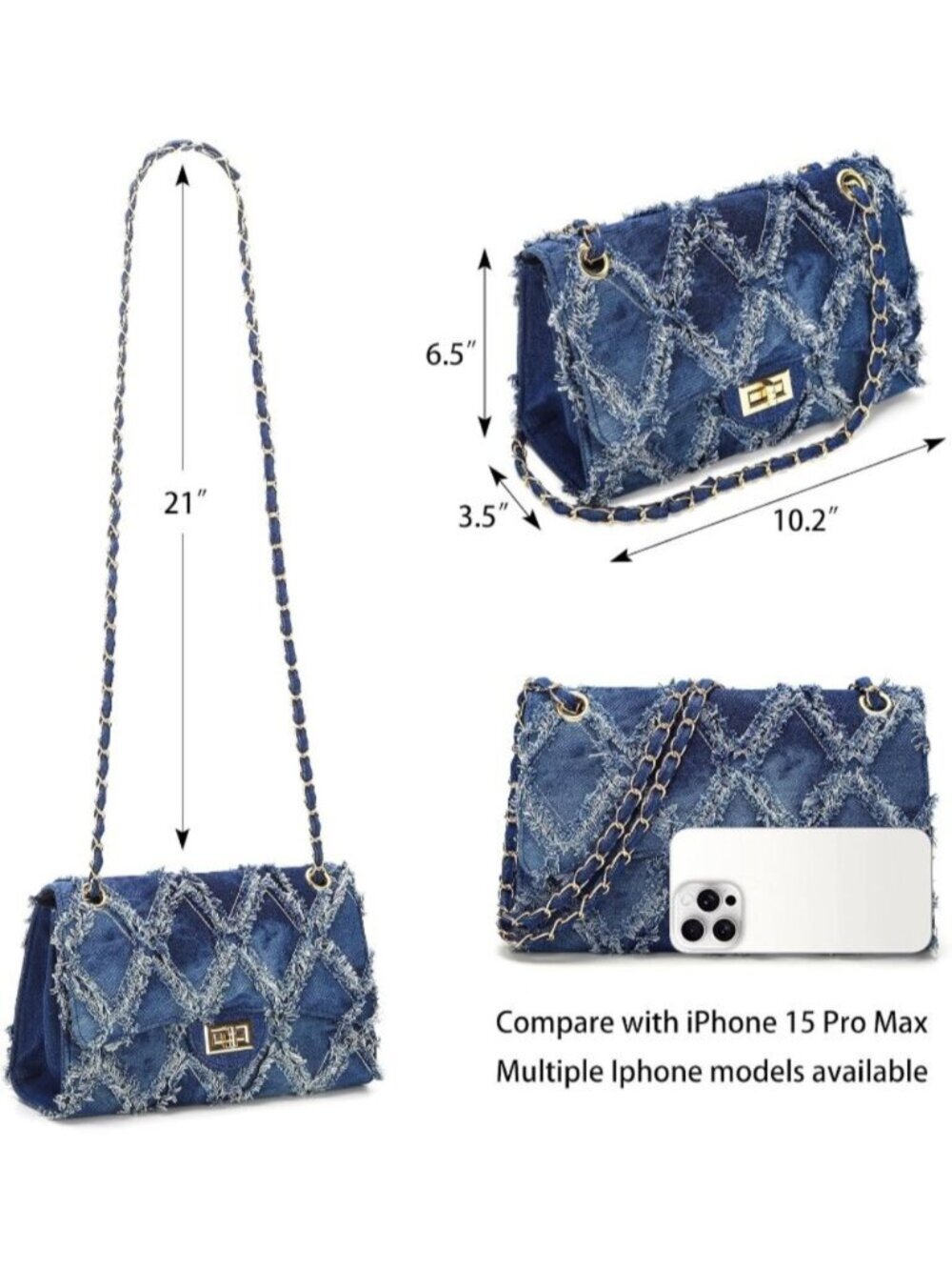 〽️Women's Denim Blue Quilted Leather Crossbody Satchel Chain Strap Shoulder Bags - Picture 6 of 6